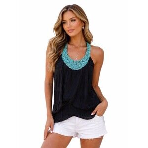 Bebe Turquoise Embellished Black Silk Razorback Tank XXS